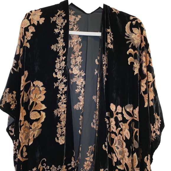 Signals Black Gold Tan Burnout Floral Soft Velvet Poncho Kimono 18 One Size - Picture 6 of 12